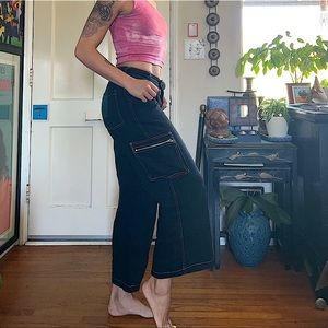 Black Wide-Leg Cargo Pants with White Accent Seams